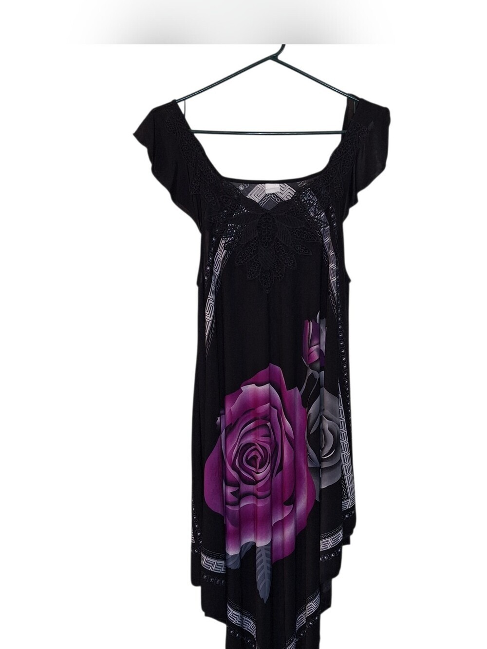Silk and Polyester Black Dress Purple Rose Design Large